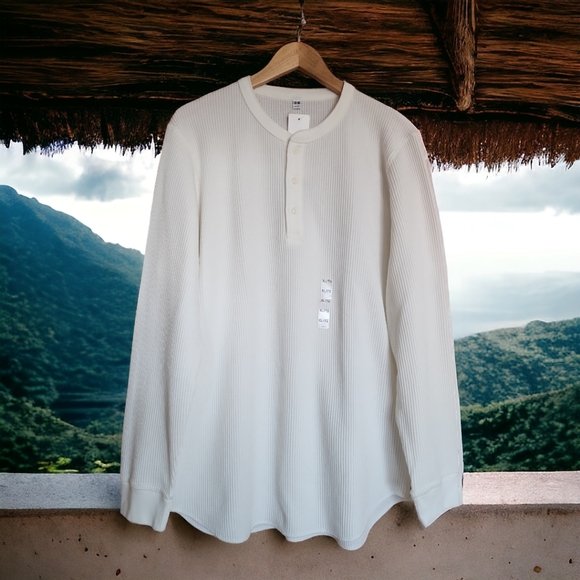 UNIQLO WAFFLE HENLEY NECK LONG SLEEVED T-SHIRT - Picture 6 of 12